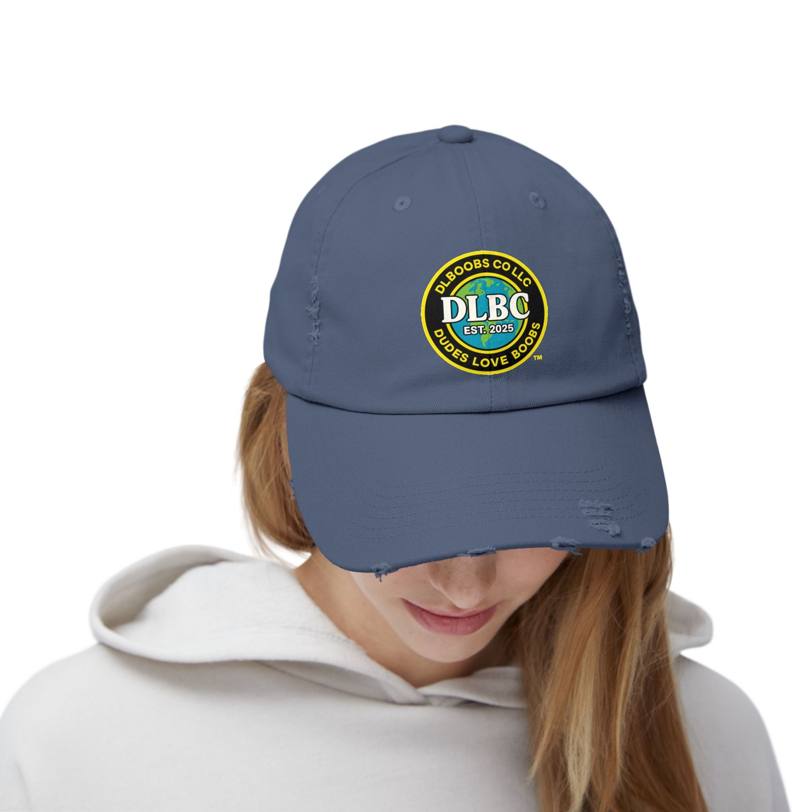 DLBC™ Official Crypto Logo — Dudes Love Boobs® Vintage Patch Distressed Baseball Cap, dad hat